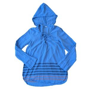 LAGACI Blue Cotton Gauze Lace Up Hoodie Tunic Top XL TG Striped Hem Casual Beach